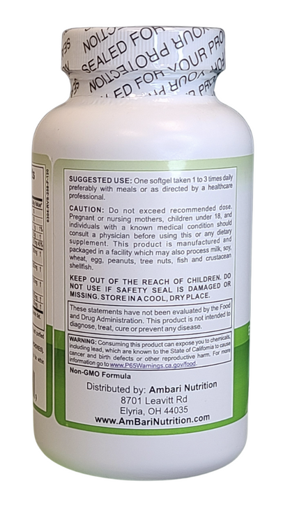 Bottle of AmBari Nutrition Essential Fatty Acids supplement capsules in clear container with label showing product name.