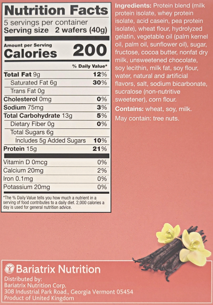 AmBari Nutrition Proti Wafer Squares bars with crunchy chocolate and wafer layers, packed in a clear package.