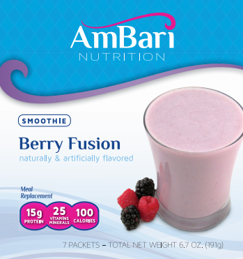 AmBari Nutrition Berry Fusion Smoothie shake in a glass with fresh berries and a straw, showcasing vibrant red and purple colors.