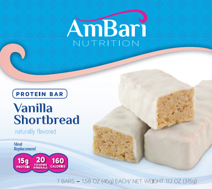 AmBari Nutrition vanilla shortbread bars showing golden-brown rectangular cookies with vanilla flavor and crumbly texture.