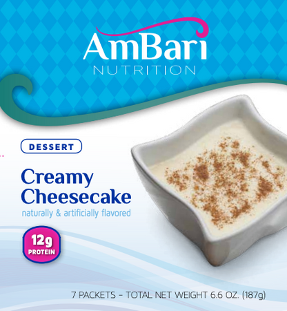 AmBari Nutrition creamy cheesecake dessert snack in a bowl, featuring a smooth, rich texture with a golden crust and creamy filling.