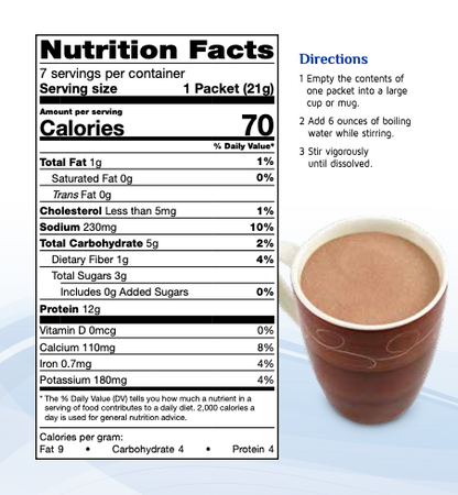 Creamy hot chocolate drink by AmBari Nutrition featuring a steaming cup of rich cocoa beverage.