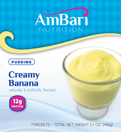 AmBari Nutrition banana creme pudding in a bowl, showing creamy banana-flavored dessert with smooth texture and rich color.