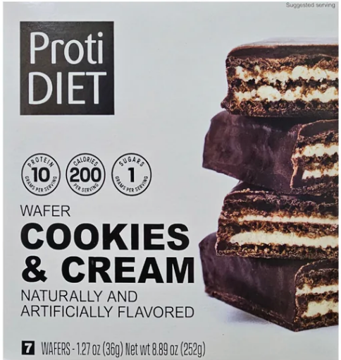 AmBari Nutrition PROTIDIET wafer bar showing a chocolate-covered wafer snack with layered filling on a white background.