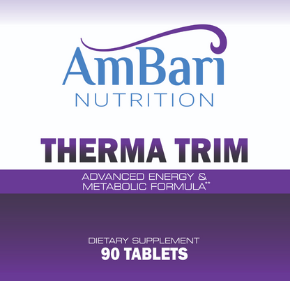 AmBari Nutrition Therma Trim supplement bottle with label, promoting energy and metabolism support.