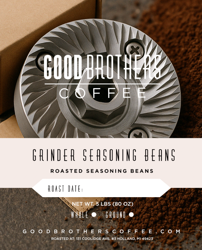 Roasted coffee beans for seasoning from Good Brothers Coffee LLC, shown in a close-up image, highlighting their rich, aromatic texture.