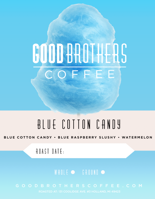 Blue cotton candy flavored roasted coffee from Good Brothers Coffee LLC displayed in a clear image.