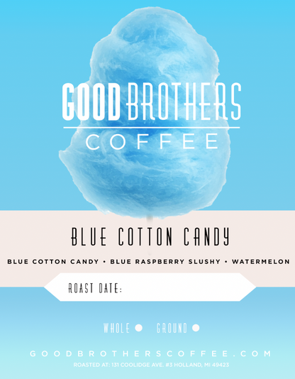 Blue cotton candy flavored roasted coffee from Good Brothers Coffee LLC displayed in a clear image.