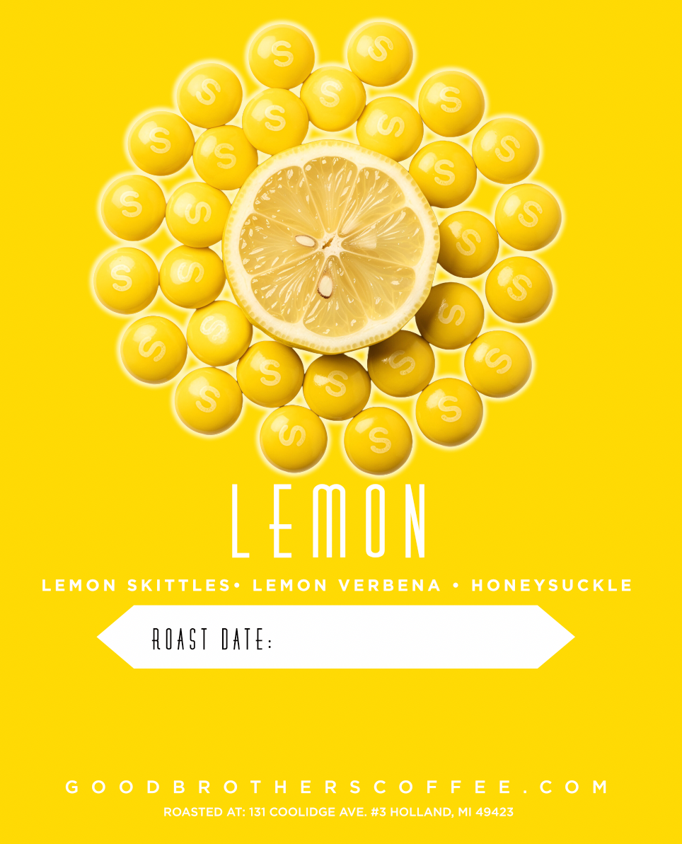 Roasted Lemon Colombia Caturra coffee beans from Good Brothers Coffee LLC, displayed in a clear image.
