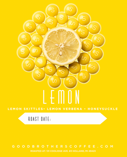 Roasted Lemon Colombia Caturra coffee beans from Good Brothers Coffee LLC, displayed in a clear image.