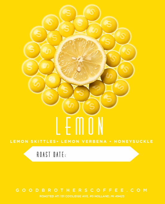 Roasted Lemon Colombia Caturra coffee beans from Good Brothers Coffee LLC, displayed in a clear image.