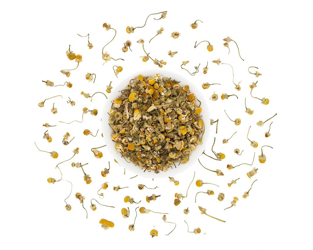 Loose leaf Organic Chamomile Tea from Good Brothers Coffee LLC, showing dried chamomile flowers in a clear container.