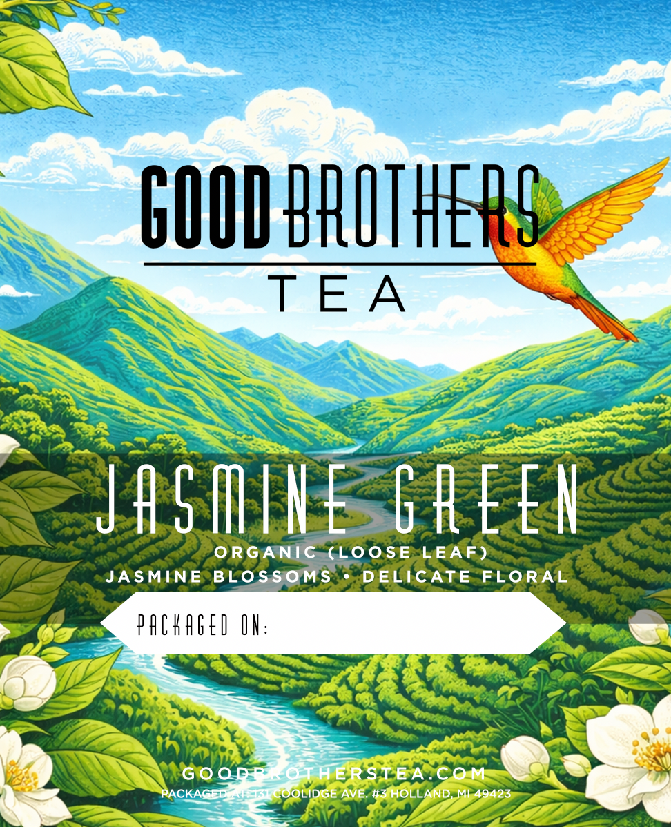 Loose leaf Organic Jasmine Green Tea by Good Brothers Coffee LLC, with fresh green tea leaves scented with jasmine flowers.