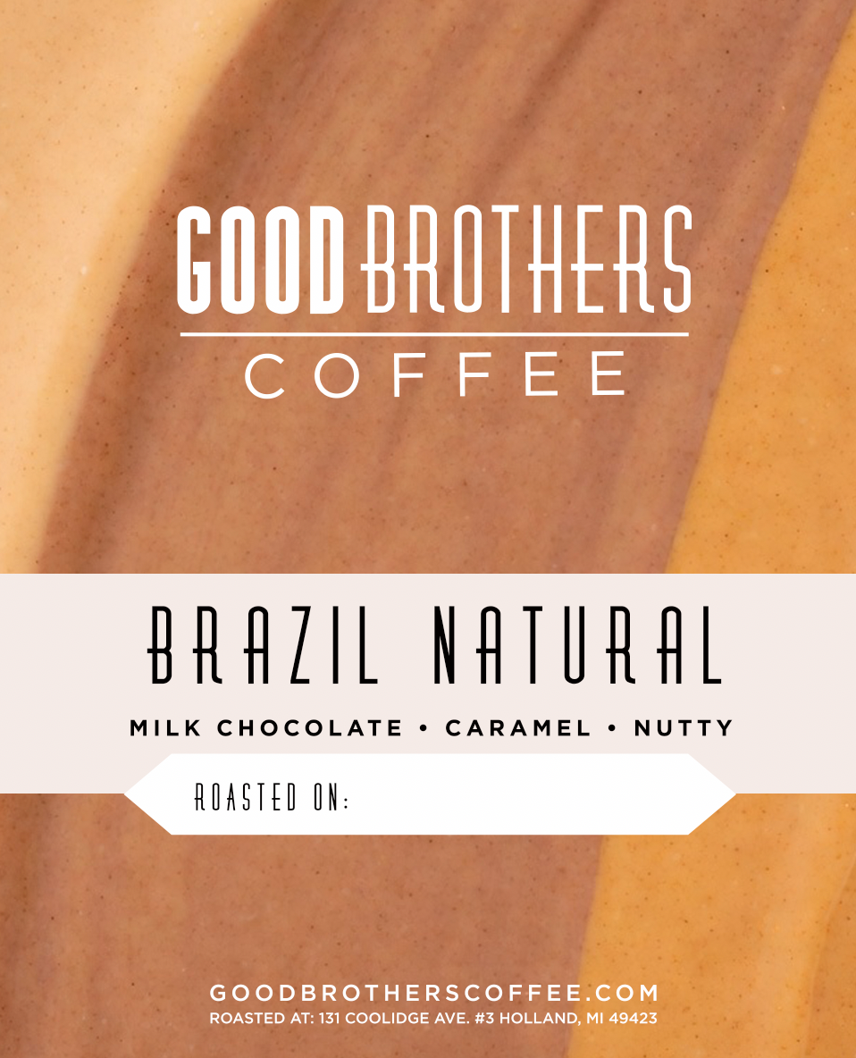 Roasted Brazil Serra Negra coffee beans from Good Brothers Coffee LLC, showcasing the rich, natural coffee beans in the image.