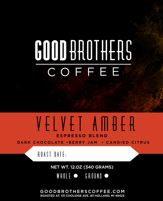 Close-up of roasted Velvet Amber Espresso Blend coffee beans from Good Brothers Coffee LLC.