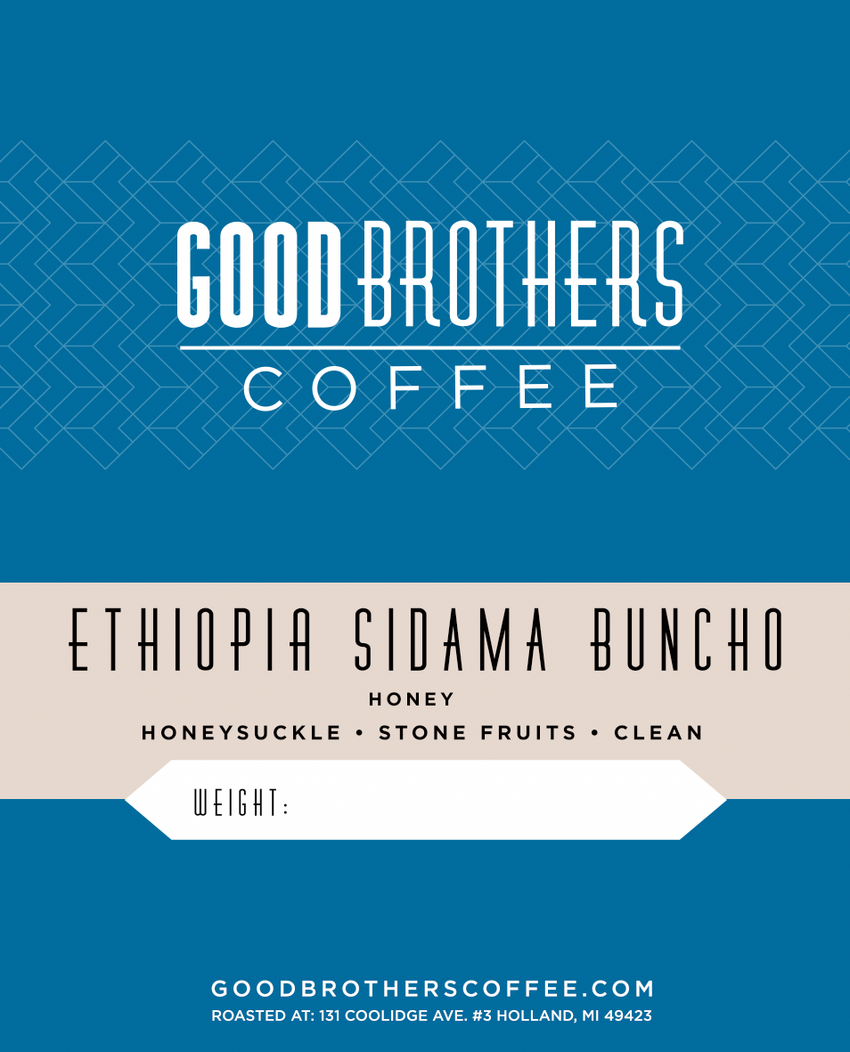 Ethiopia Buncho Honey Sidama light roast roasted coffee beans in a bag from Good Brothers Coffee LLC.