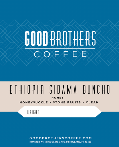 Ethiopia Buncho Honey Sidama light roast roasted coffee beans in a bag from Good Brothers Coffee LLC.