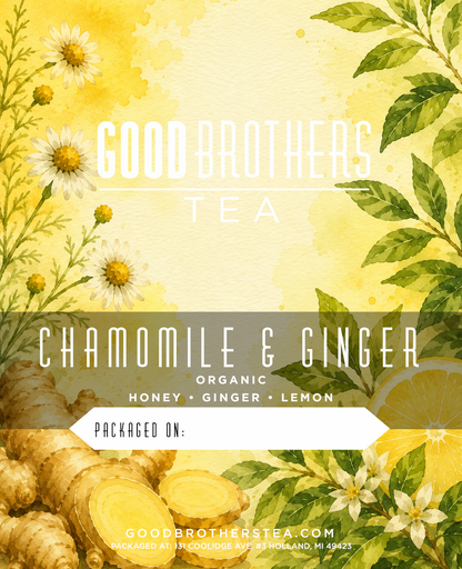 Loose leaf Organic Chamomile Ginger Tea by Good Brothers Coffee LLC, showing fresh chamomile flowers and ginger root in the tea blend