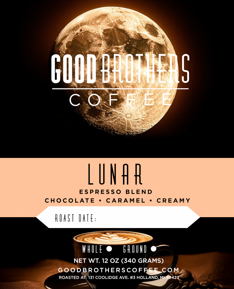 Screenshot of Lunar Espresso Blend roasted coffee by Good Brothers Coffee LLC, featuring rich dark espresso beans.
