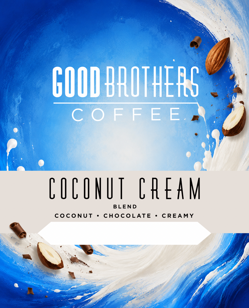 Rosted coffee with coconut cream blend by Good Brothers Coffee LLC, showing brewed coffee with coconut cream topping in a cup.