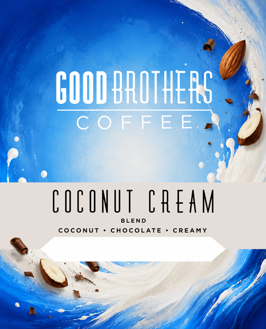 Rosted coffee with coconut cream blend by Good Brothers Coffee LLC, showing brewed coffee with coconut cream topping in a cup.