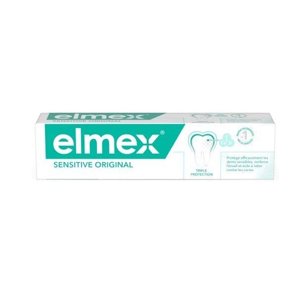 Elmex Sensitive Original Toothpaste in 100ml tube, gentle for sensitive teeth, shown in a clean, professional packaging image.