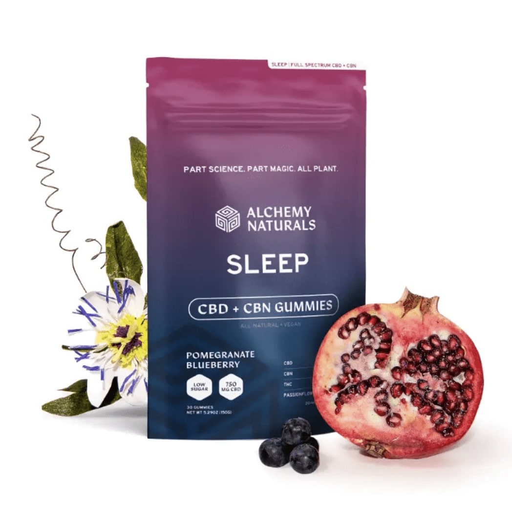 Hemp-derived CBD gummies for sleep with full spectrum CBD and CBN, produced by Alchemy Naturals, shown in a clear close-up image.