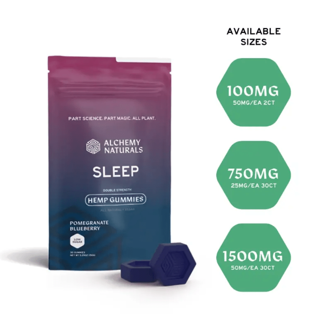 Hemp-derived CBD gummies for sleep with full spectrum CBD and CBN, produced by Alchemy Naturals.
