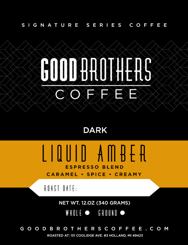 Screenshot of Good Brothers Coffee LLC's Liquid Amber Espresso Blend roasted coffee beans in a bag.