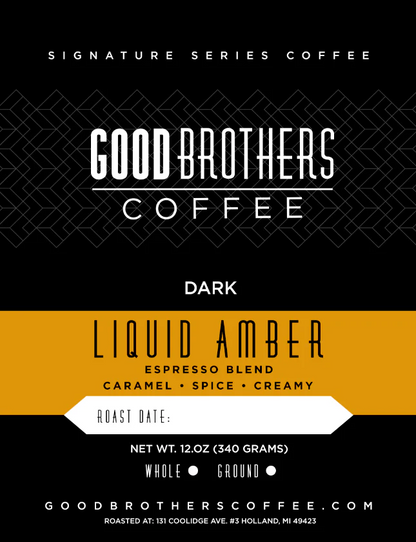 Screenshot of Good Brothers Coffee LLC's Liquid Amber Espresso Blend roasted coffee beans in a bag.