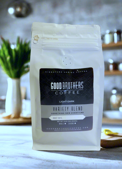 Screenshot of Good Brothers Coffee LLC.'s variety blend roasted coffee bag with colorful packaging.