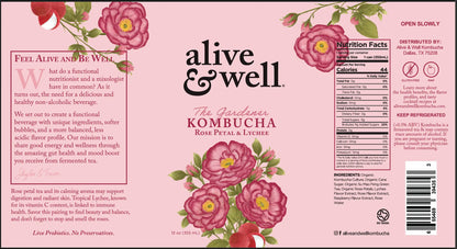 Organic rose petal and lychee flavored kombucha by Alive & Well, 6-pack, showing colorful bottles with floral and fruit labels.