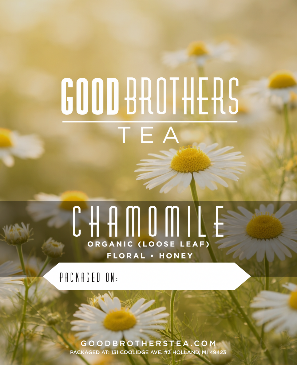 Loose leaf organic chamomile tea from Good Brothers Coffee LLC, showing dried chamomile flowers in a clear container.