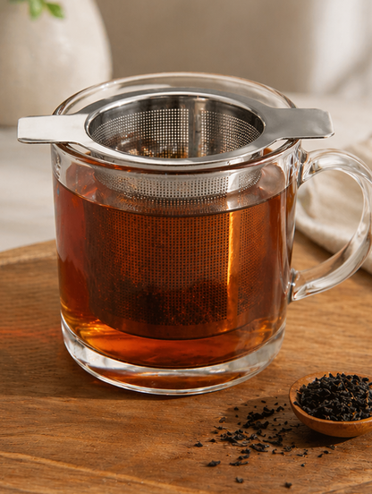 Stainless steel tea infuser mesh strainer for loose leaf tea, ideal coffee accessory by Good Brothers Coffee LLC.