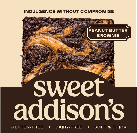 Chocolate brownies with peanut butter swirl from Sweet Addison's, showing a close-up of the rich, fudgy dessert with swirled topping.
