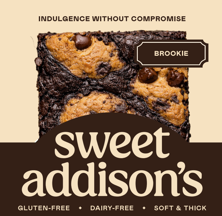 Image of delicious Brookies from Sweet Addison's, showcasing a baked treat with a chocolate and cookie swirl appearance.