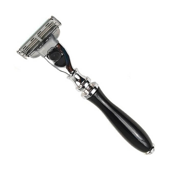 Black resin handle safety razor from Parker 111B-M3 with a sleek design, featuring a safety razor head for close shaving.