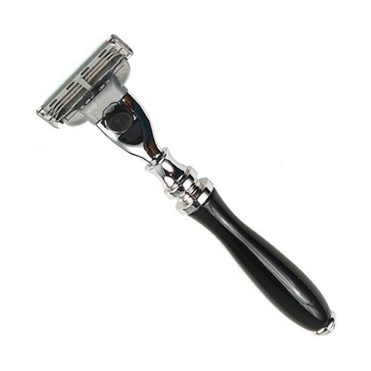 Black resin handle safety razor from Parker 111B-M3 with a sleek design, featuring a safety razor head for close shaving.