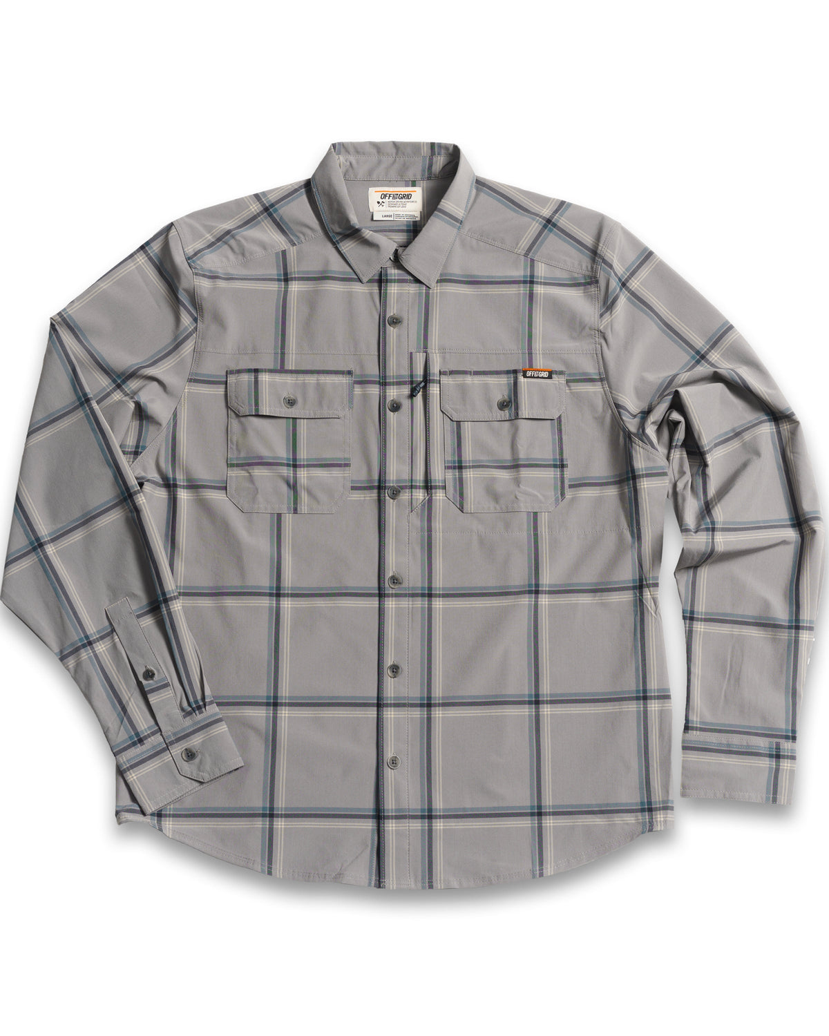 Long sleeve shirt in Steeple Grey from Off The Grid Surplus with subtle scrimshaw design on the fabric.