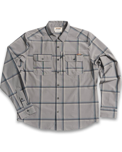 Long sleeve shirt in Steeple Grey from Off The Grid Surplus with subtle scrimshaw design on the fabric.