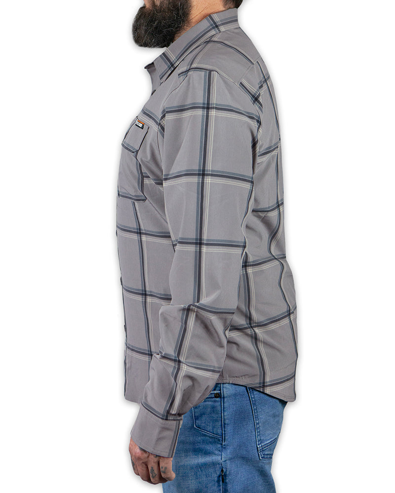 Long sleeve Steeple Grey Scrimshaw LS shirt by Off The Grid Surplus, featuring a casual fit and subtle stitching details