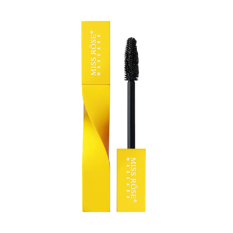 Miss Rose 5D Extreme Volume Waterproof Mascara with curling brush, black formula, shown on a makeup display.