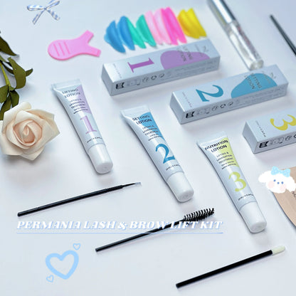 Blushimmer Permania eyelash lift and brow lamination kit with tools for instant curling and shaping of lashes and brows.