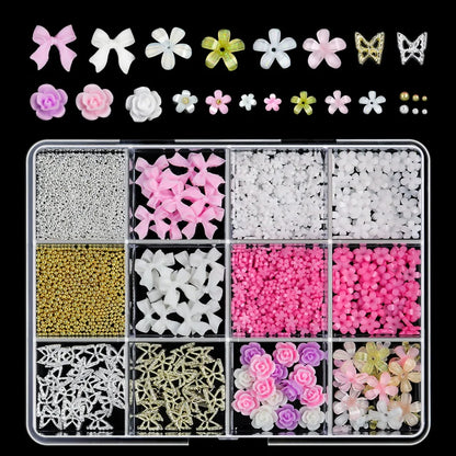Set of 120 Blushimmer 3D gold bow and butterfly nail charms with shiny bowtie and star designs for nail art decorations.