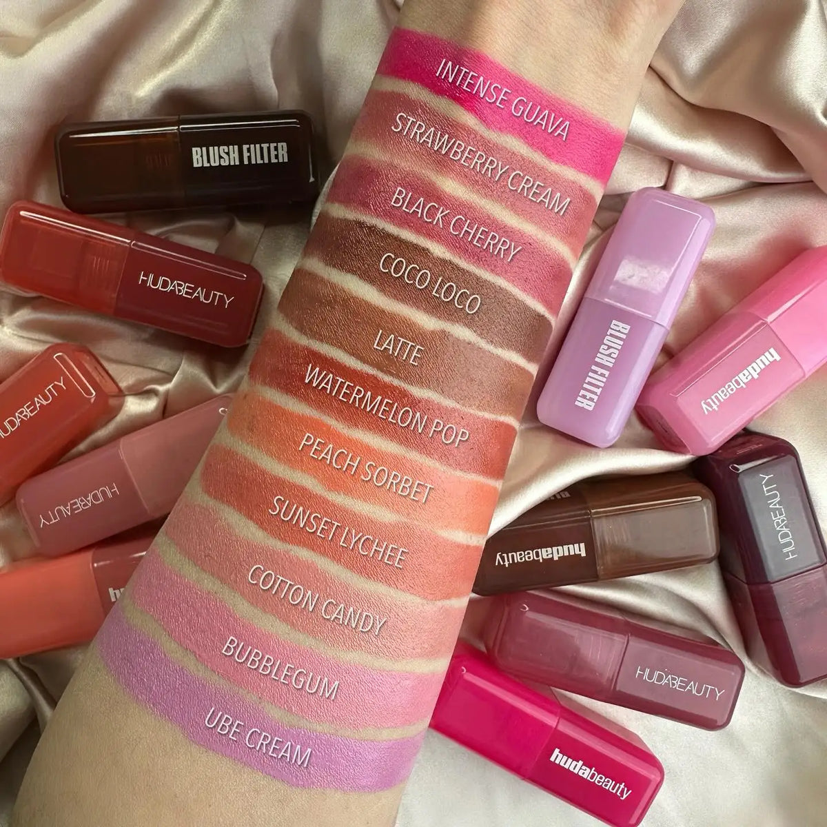Huda Beauty Blush Filter Soft Glow liquid blush and Blushimmer shiny lip gloss in cotton candy and bubblegum shades, makeup products