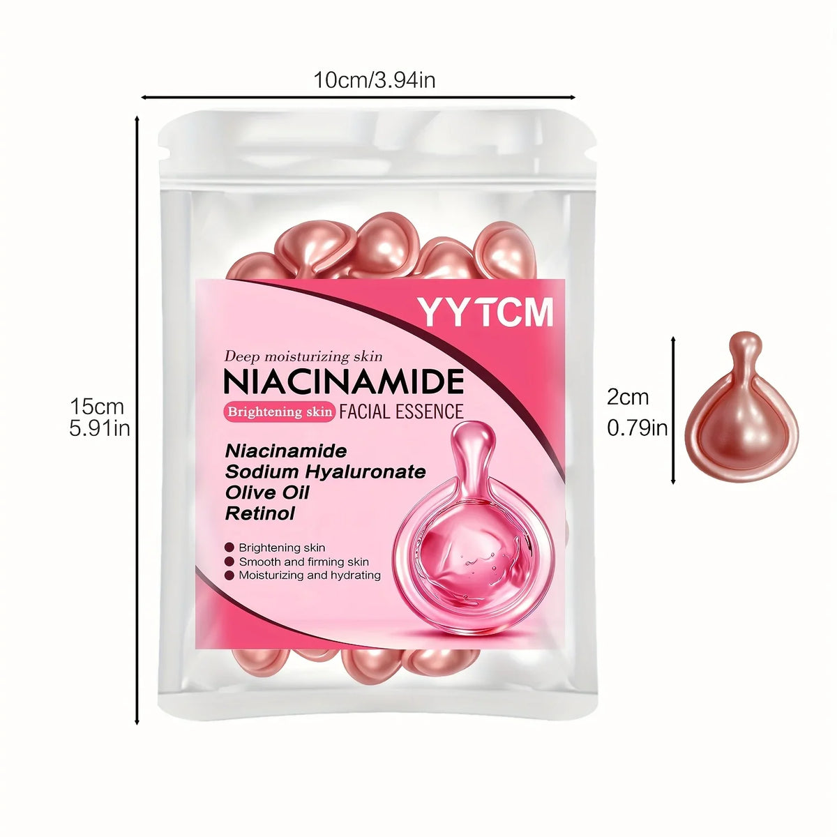 Blushimmer Niacinamide Facial Essence Capsules with retinol, olive fruit oil, and gardenia extract for brightening and hydrating skin.