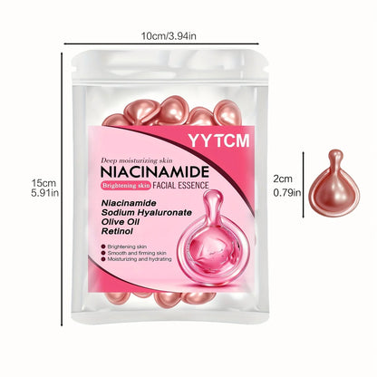 Blushimmer Niacinamide Facial Essence Capsules with retinol, olive fruit oil, and gardenia extract for brightening and hydrating skin.