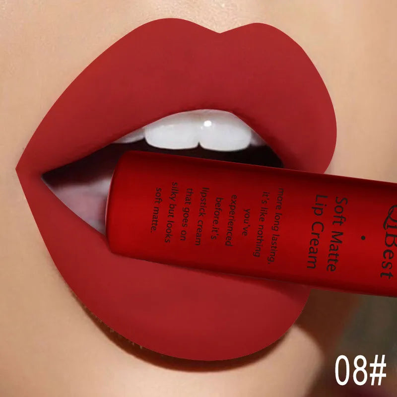 Blushimmer hot velvet matte nude lip gloss with long-lasting, waterproof liquid lipstick in red, featuring a non-stick cup applicator