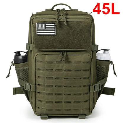 Tactical backpack by Adventure Club Store in black, 25L/45L capacity with water bottle holder, ideal for outdoor activities and school.