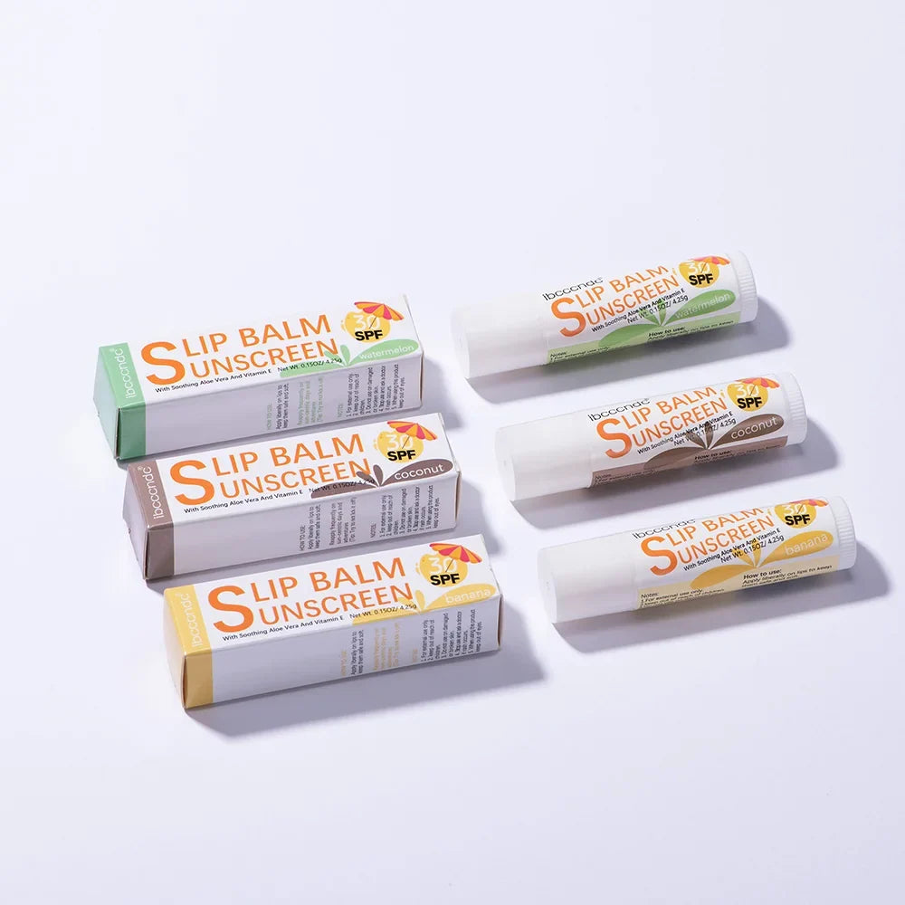 Blushimmer SPF 30 sunscreen lip balm with watermelon, coconut, banana flavors, moisturizing colorless lipstick for sun protection.